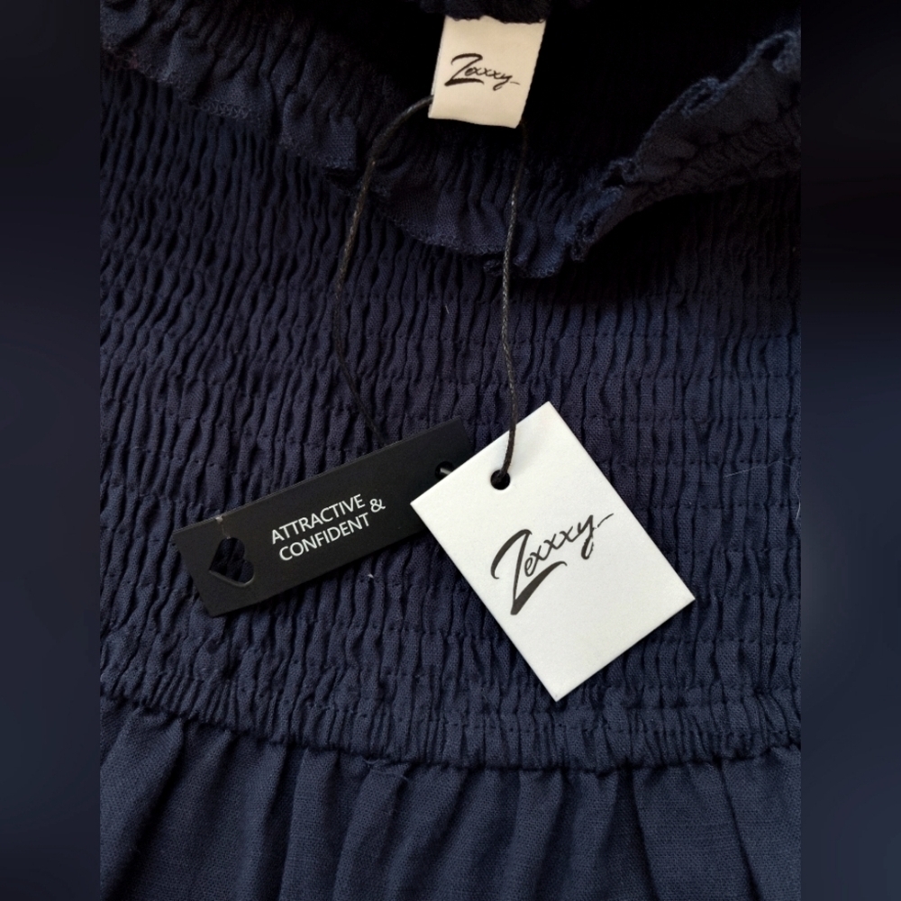 Zexxxy Women's Boho Prairie Dress | Long Sleeve | Navy Blue | Smocked | 2XL - Picture 4 of 7